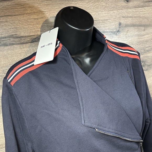 NEW Saint + Sofia Women's Cotton Biker Jacket - Navy/Red Stripe Size 12 - Picture 3 of 8